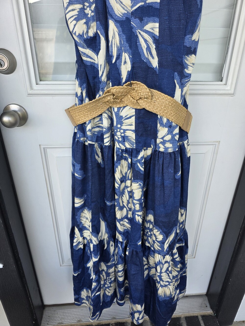 Donna Karan New York Halter Maxi Dress 16 Blue Floral Belted Resort NWT $199 - Picture 6 of 13